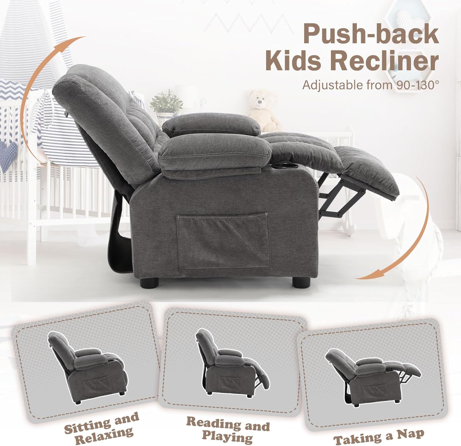 Kids Recliner Chair with Cup Holders, Adjustable Footrest & Headrest, Deep Grey