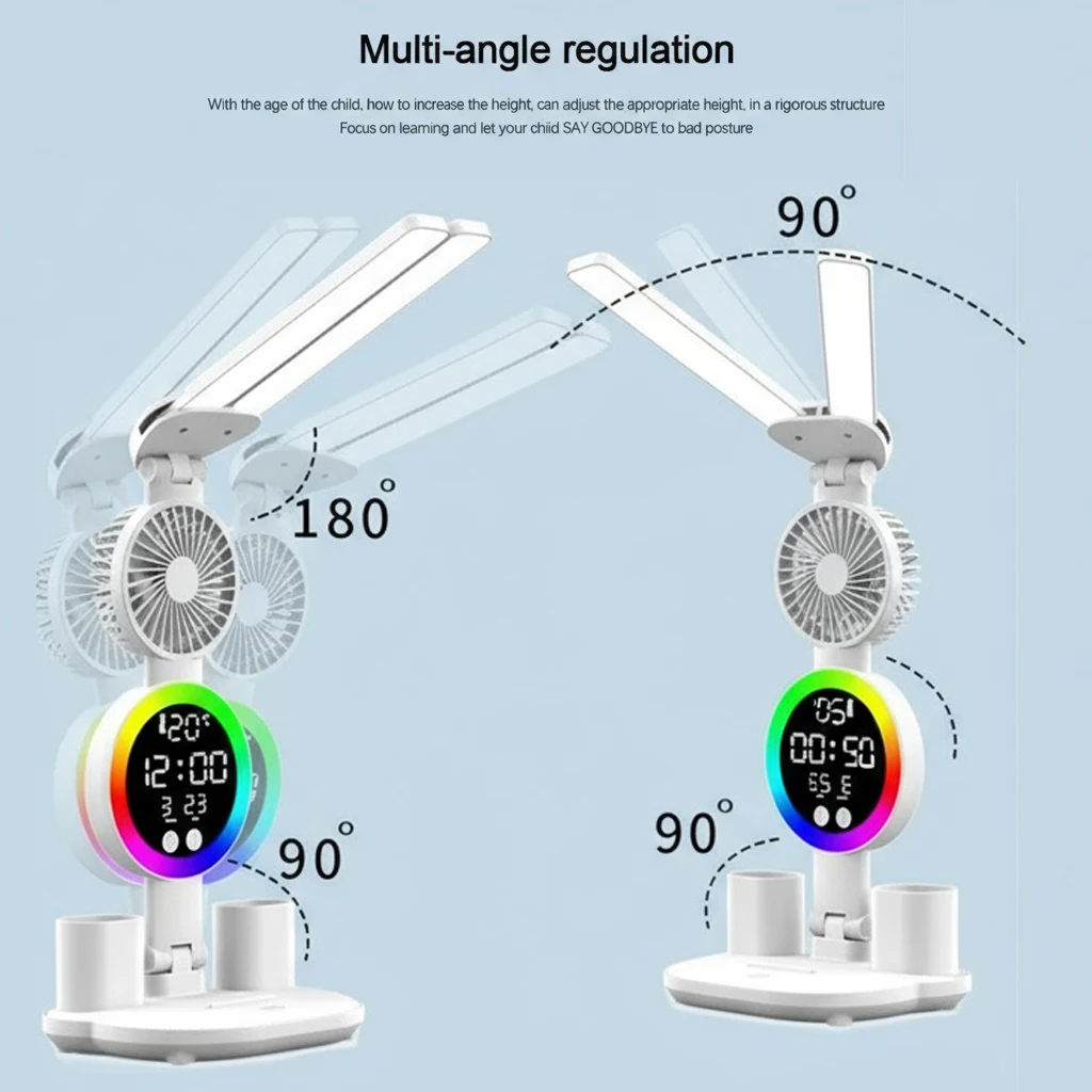 Lampada da tavolo a LED con ventilatore e orologio Lampada da lettura da scrivania per studio Luce notturna Luminosità regolabile
