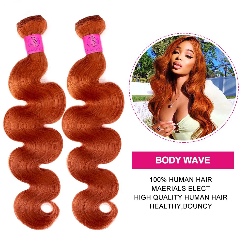 Pacotes Brasileiros de Cabelo Humano com Fechamento, Onda Corporal, Gengibre Laranja, 613, 3, 4 Pacotes com Fechamento, #350