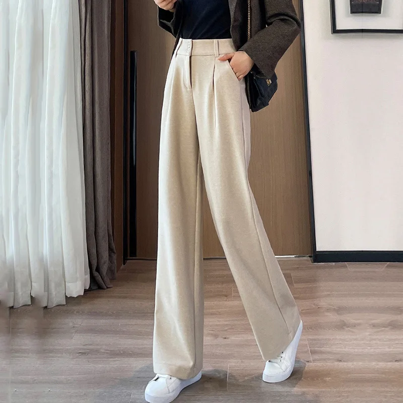 2024 herbst Winter Frauen Concise Woolen Hosen Dame Breite Bein Designer Außerhalb Hosen Weibliche Verdicken Hohe Taille Drapieren Hosen