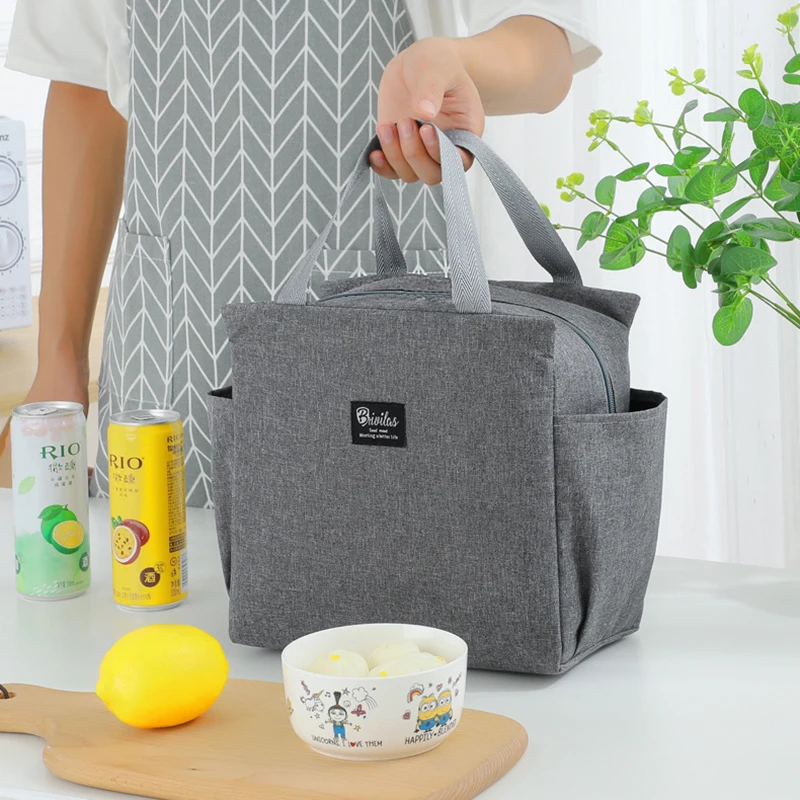 Saco de almoço impermeável de nylon com isolamento térmico, Grande capacidade, Bolso lateral duplo, Lancheira portátil, Sacos de armazenamento, Sacos de comida piquenique