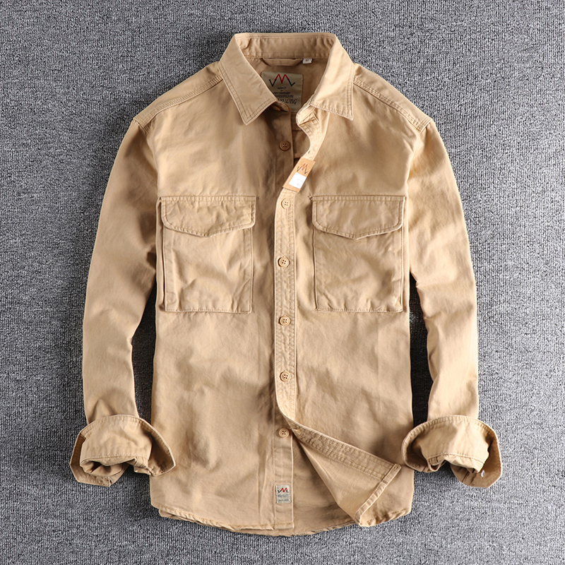 Autumn new 204 khaki retro wash solid color work shirt men's three-dimensional pocket trend loose jacket