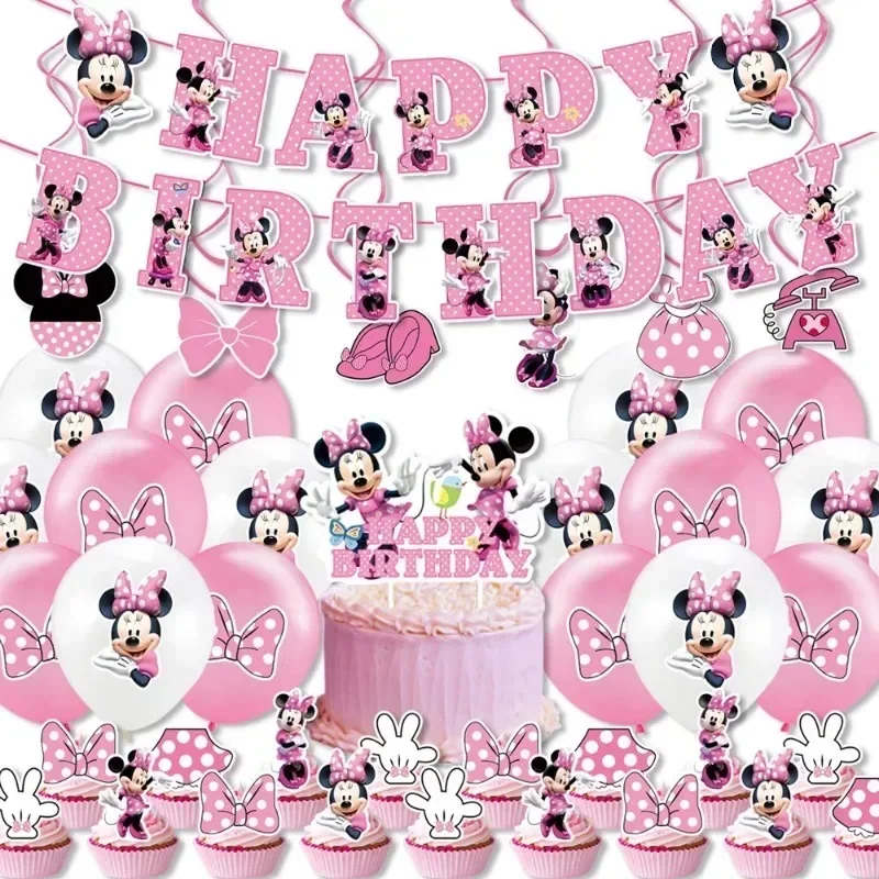 Disney Mickey Mouse Theme Children's Party Decoration Pink Minnie Balloon Background Cloth Disposable Tableware Supplies