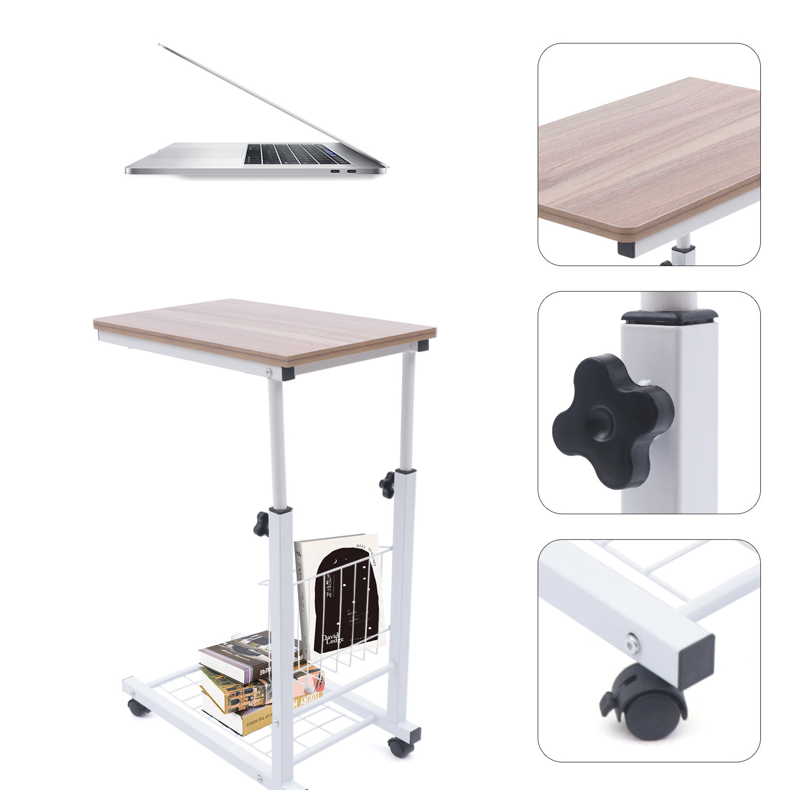 Versatile Adjustable Side Table: Height-Adjustable, Rolling Wheels, and Storage Basket for Home, Office, or Small Spaces