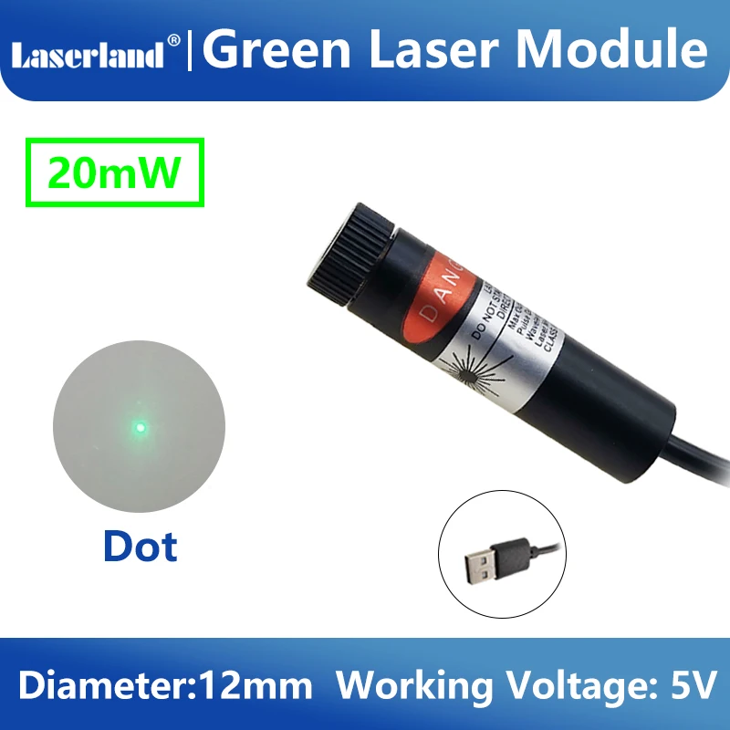 Módulo láser de punto/línea/cruz enfocable de 12 mm, 520 nm, 20 mW, para marcar, soldar, bordar con conexión USB
