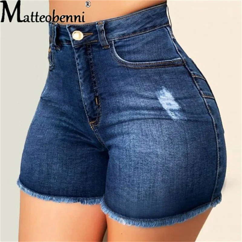 Pantalones cortos vaqueros rasgados para mujer, vaqueros de cintura alta, ajustados, longitud de pierna ajustada, talla grande, novedad de 2024