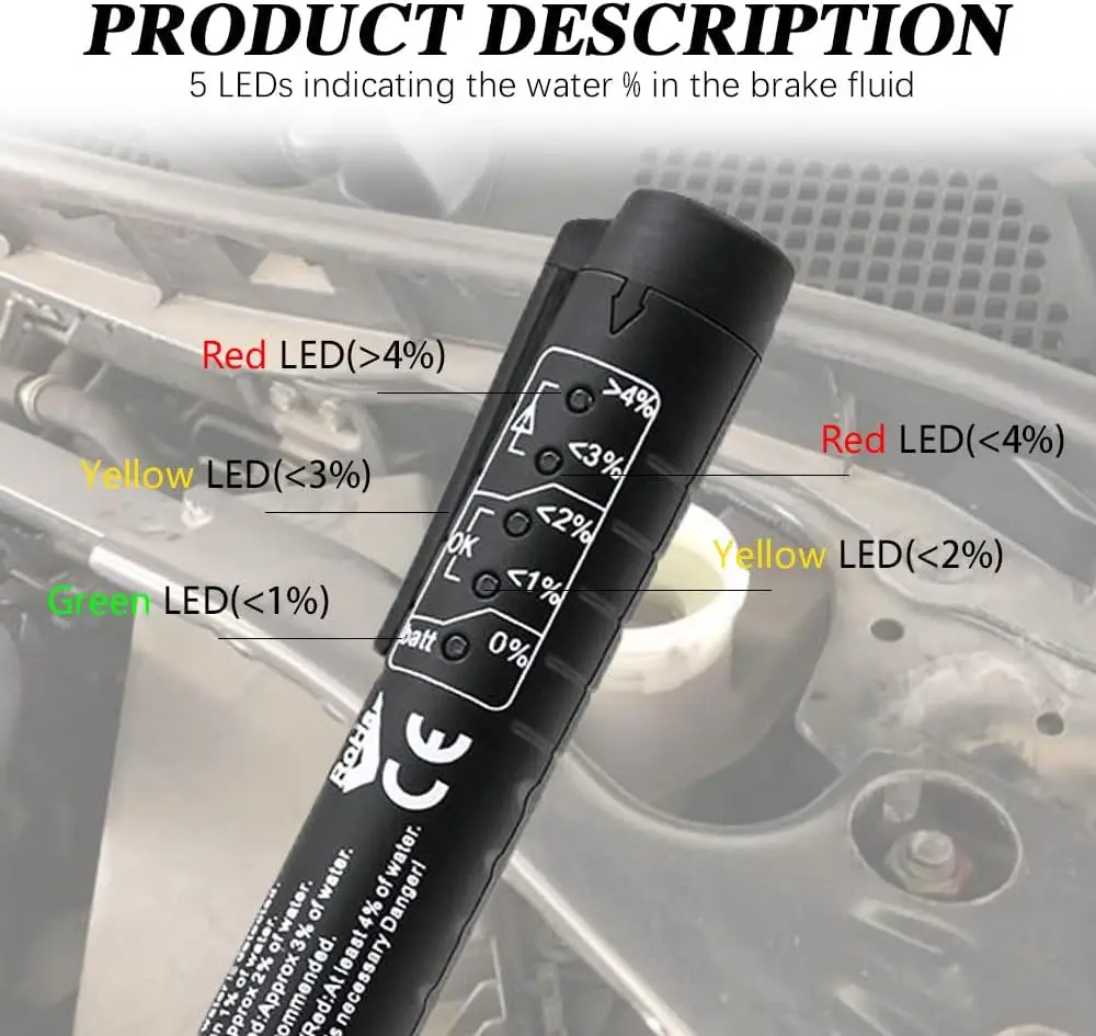 Pluma de prueba de líquido de frenos, herramienta de prueba de diagnóstico de frenos automático, analizador de humedad de aceite de fluido hidráulico con 5 luces indicadoras