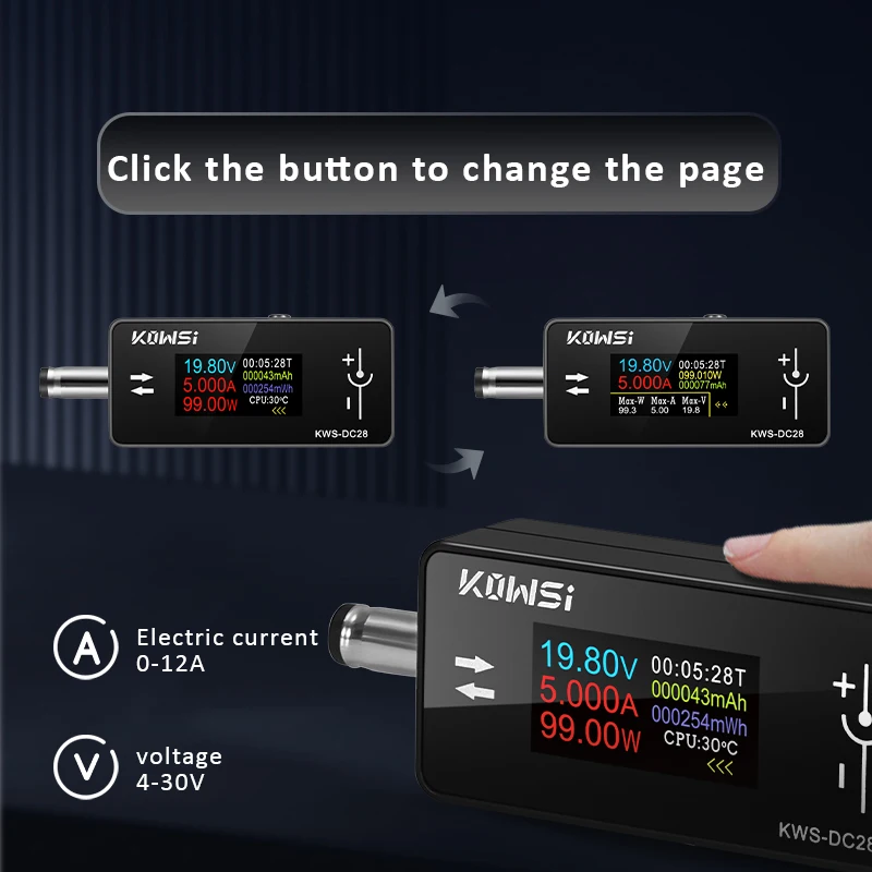 KWS-DC28 Тестер интерфейса 4-30 В 12 А Тестер напряжения и тока Цифровой вольтметр Амперметр 0,96 дюйма TFT Цветной экран Измеритель мощности