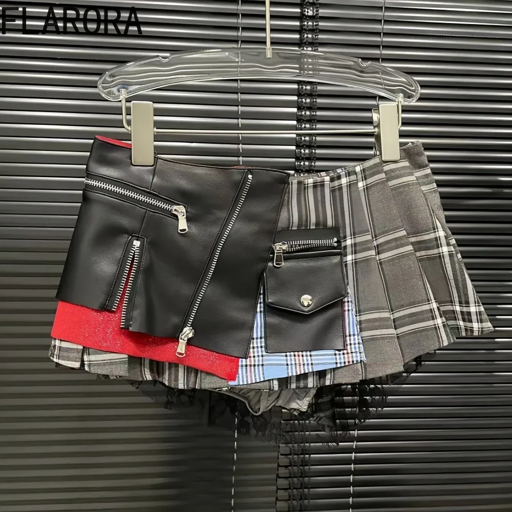 FLARORA Fashion Y2k Patchwork Plaid Design Skirts Woman High Waist Zip Pocket Mini Pleated Skirt Trendy Female Street Bottoms