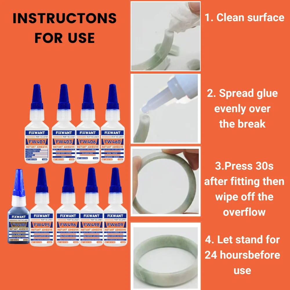 Instant Adhesive FW401/ 403/ 406/ 454/ 460/ 480/ 495/ 496/ 498/ 609 Super Glue Extra Strong Multi-purpose Cyanoacrylate