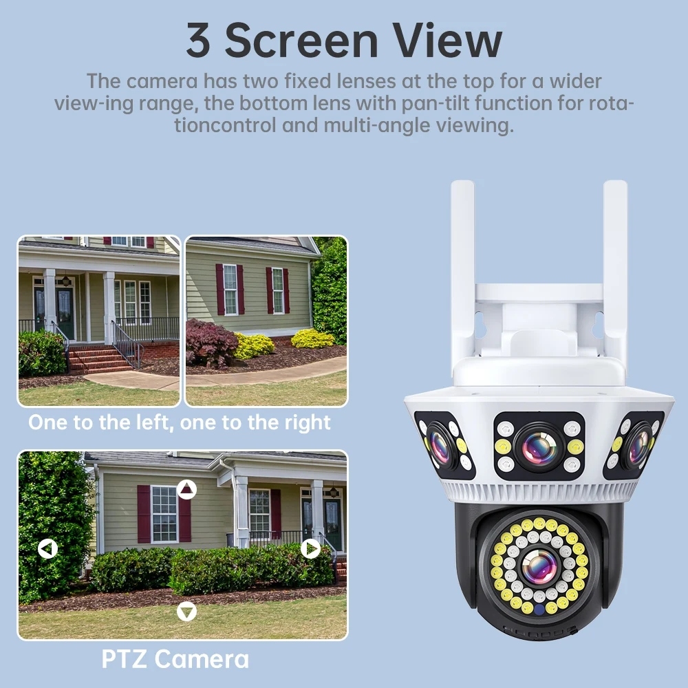 Outdoor WiFi Camera 6K Triple Screen Security Camera Two-Way Audio Motion Detection CCTV Wireless Surveillance IP Camera Yoosee