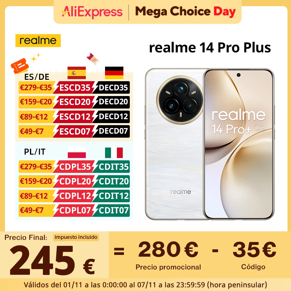 Versione globale realme 14 Pro+ 5G Smartphone Sony 3X Periscope OIS Fotocamera Snapdragon7s Gen 3 80W SUPERVOOC Carica IP69