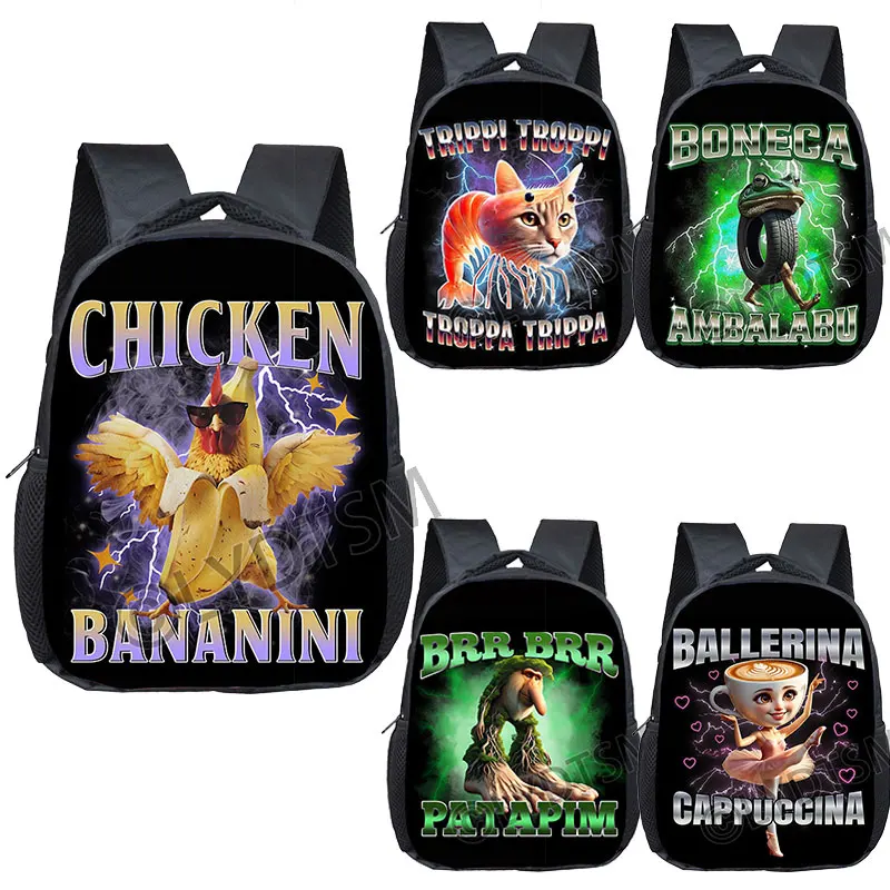 Zaino piccolo da 12 pollici divertente Brainrot italiano per 2-4 anni Tralalero Tralala Borse da scuola per bambini per bambini Cartoon Bookbag per bambini