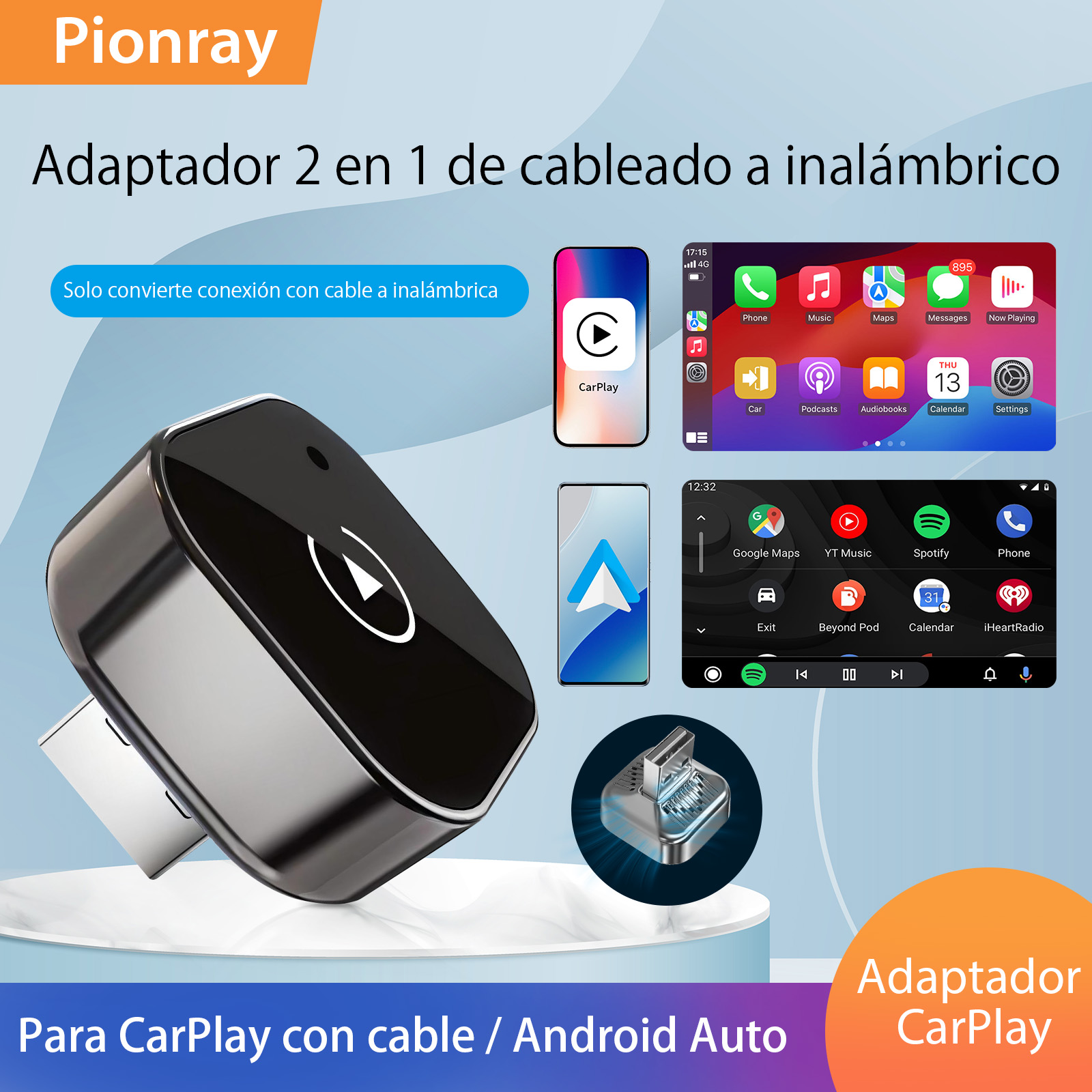 2026 Pionray Adaptador 2 en 1 Inalámbrico para CarPlay y Android Auto, WiFi de 5 GHz, USB-C/USB, Conexión Rápida