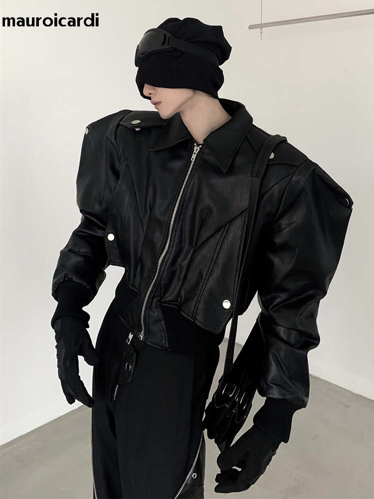 Mauroicardi Frühling Herbst Coole Hübsche Kurze Übergroße Schwarze Pu-Lederjacke Männer mit Schulterpolstern Langarm Reißverschluss 2023