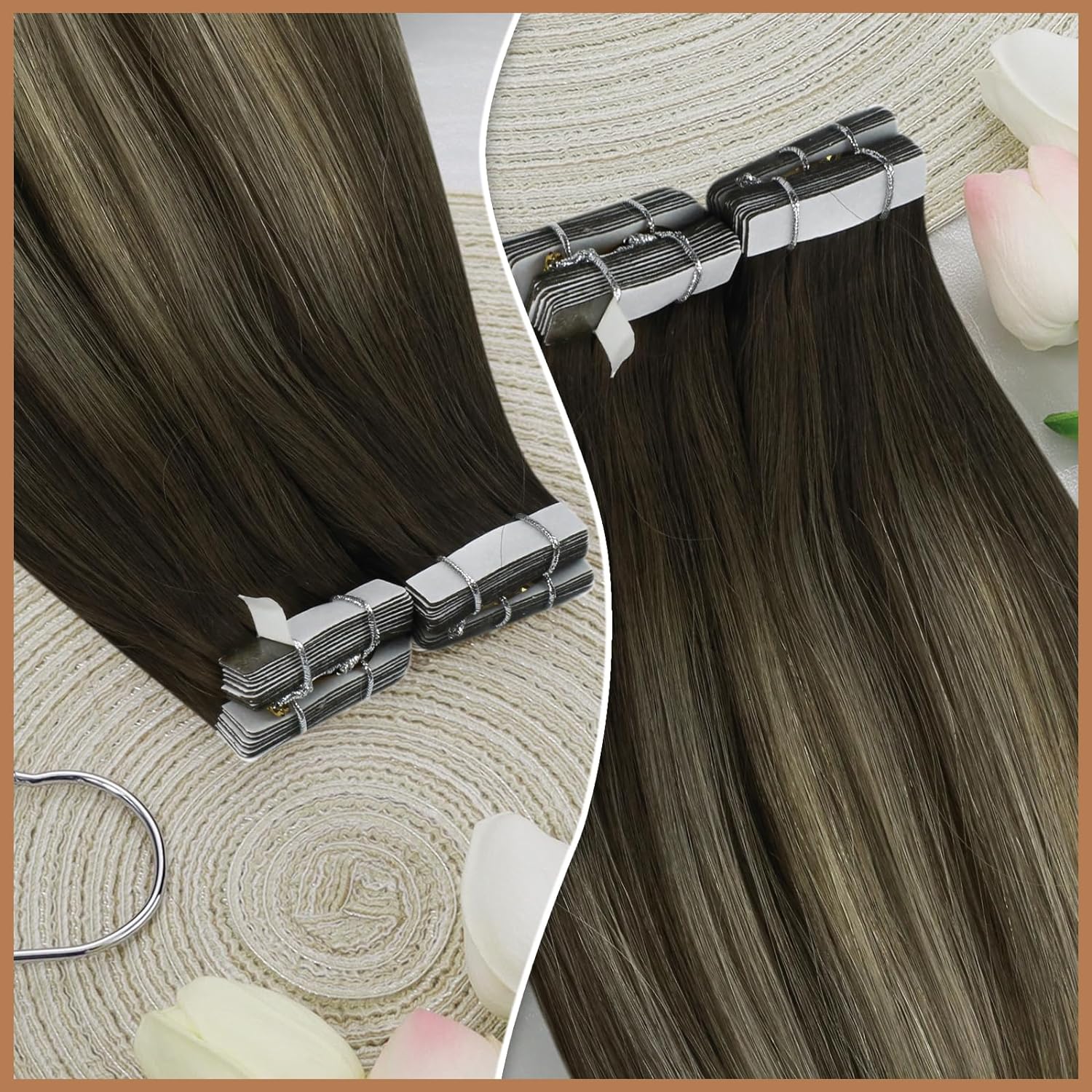 [NEU]VeSunny Tape In Haarverlängerungen Echthaar Echthaar Balayage Farbe # 4-14-60 Skin Weft Glattes, nahtloses Haar
