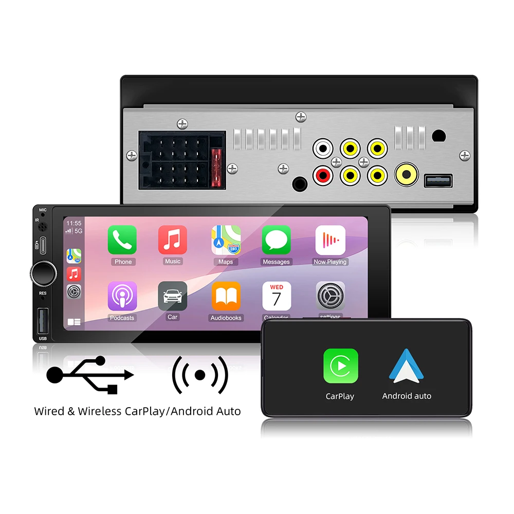 Anyfar 6.86 "1280*480 1 din mp5 player rádio do carro sem fio carplay android auto multimídia player 1din fm rádio automático estéreo