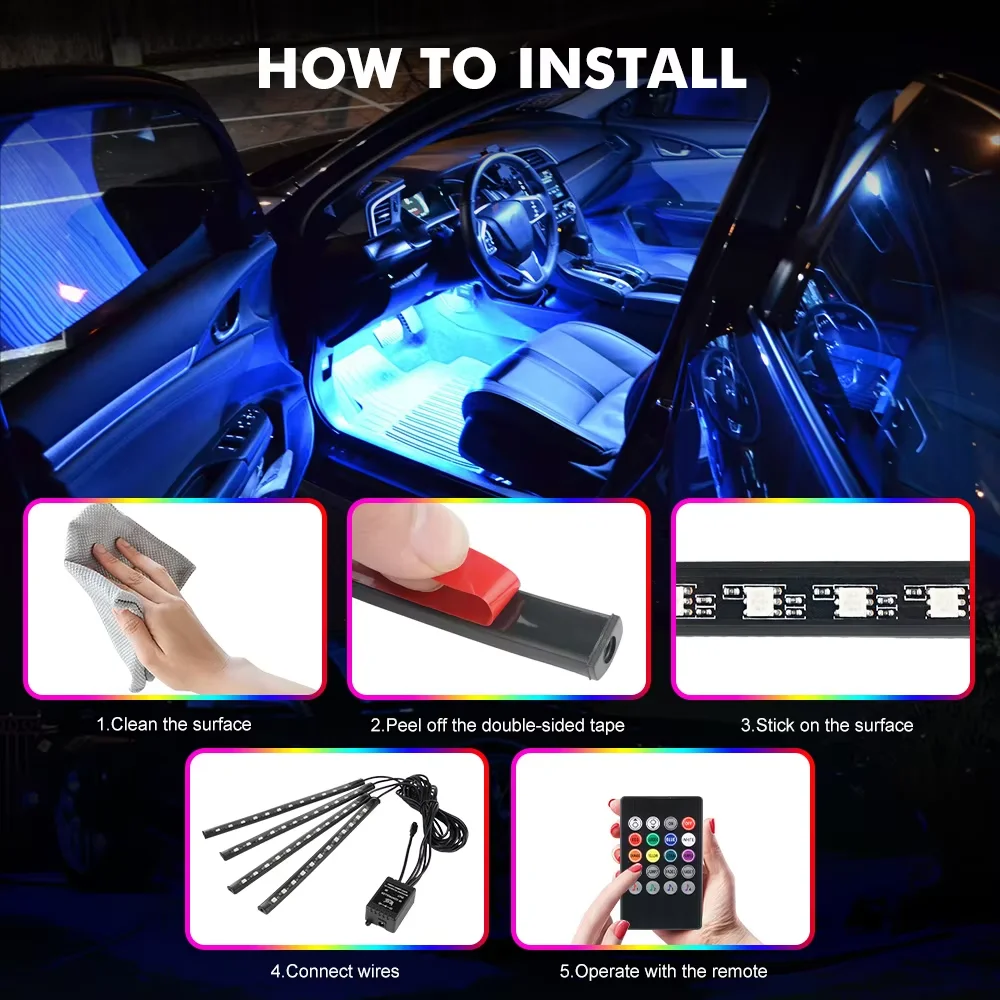Tira de luces LED de neón para decoración de interiores de automóviles, 48 ​​luces LED RGB multicolores con control remoto y enchufe USB