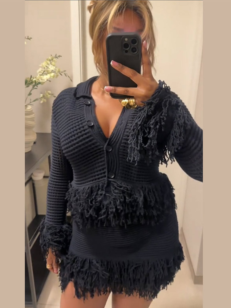 Cárdigan de punto con borlas para mujer, conjunto de minifalda, suéter informal con una botonadura, traje con falda de cintura alta, trajes de primavera para mujer ﻿