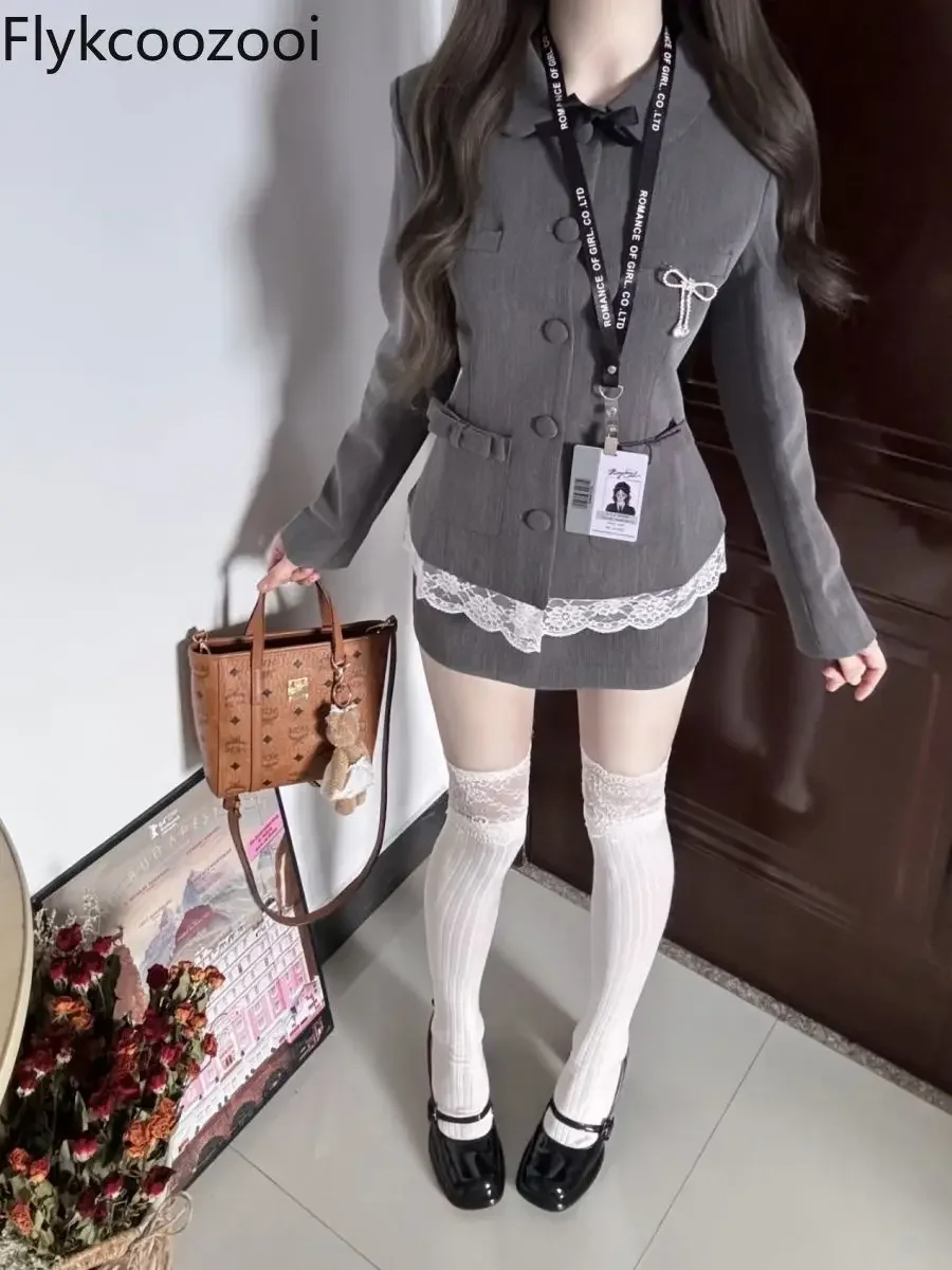 Graues Design Textur Spitze Revers Taille Abnehmen Mantel Frauen Wickel Hüftrock zweiteiliges Set Festland China Slim Fit Tweed Set