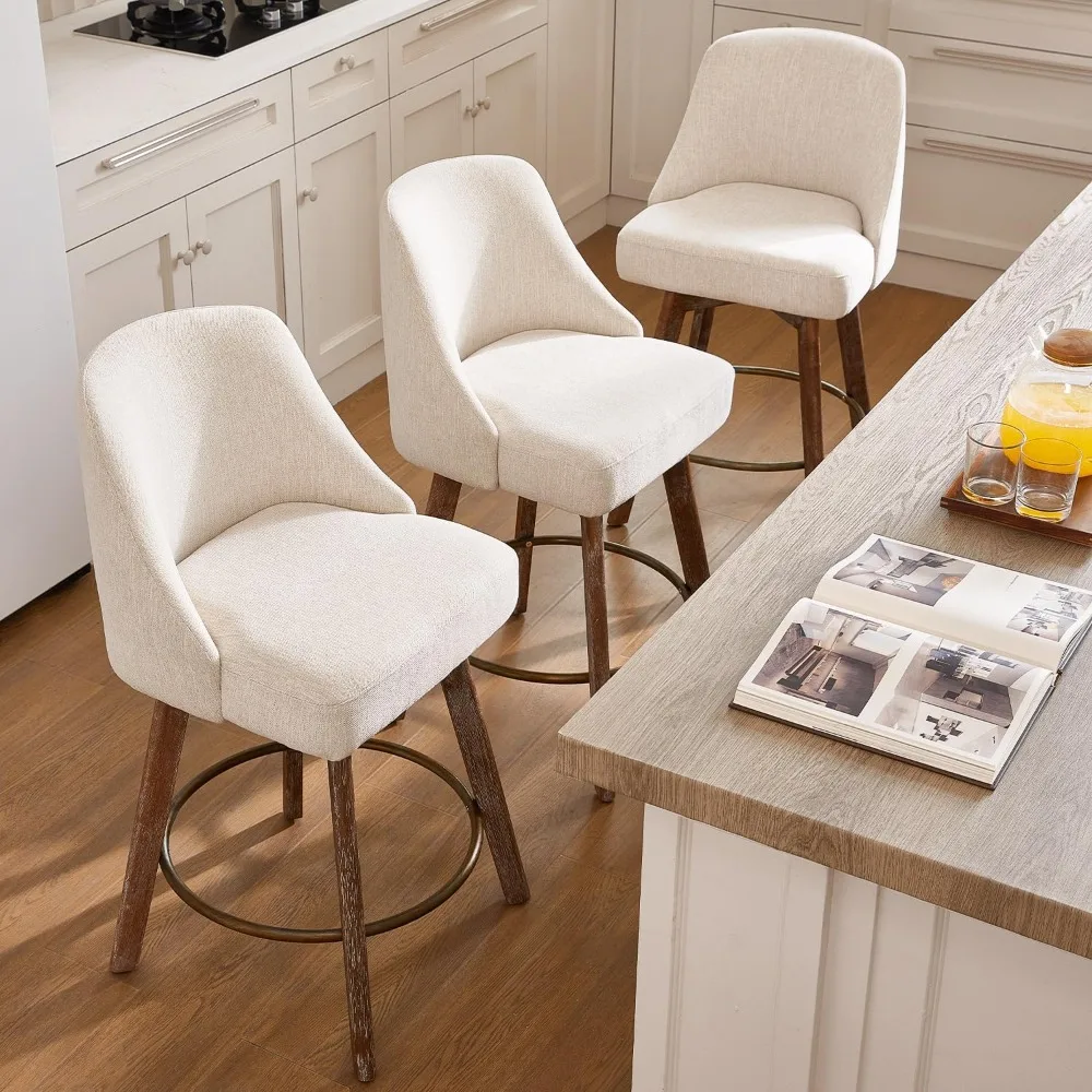 Set of 3 Mid-Century Modern Bar Stools – 26" Counter Height, 360° Swivel & Solid Wood Legs, Wrap-Arm Design​