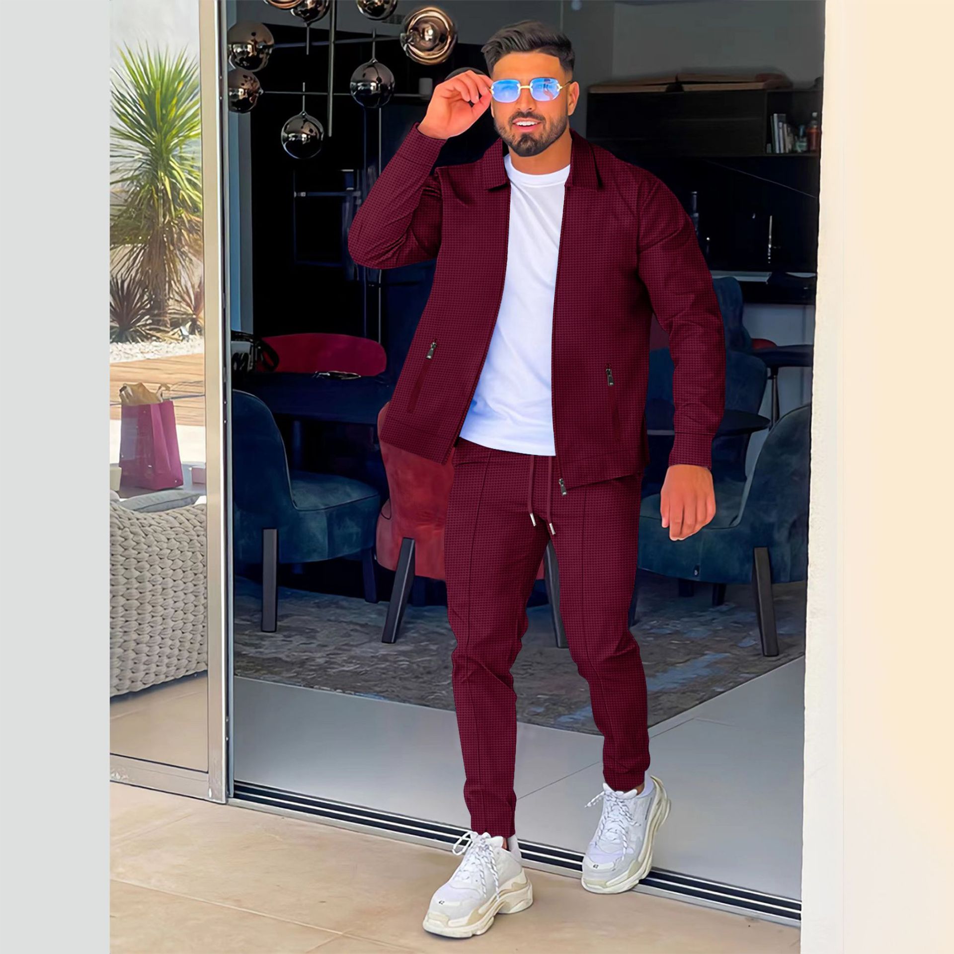 Aliexpress amazon cross-border primavera/outono 2023 zíper bolso lapela na moda jaqueta + calças esportivas masculinas streetwear conjunto