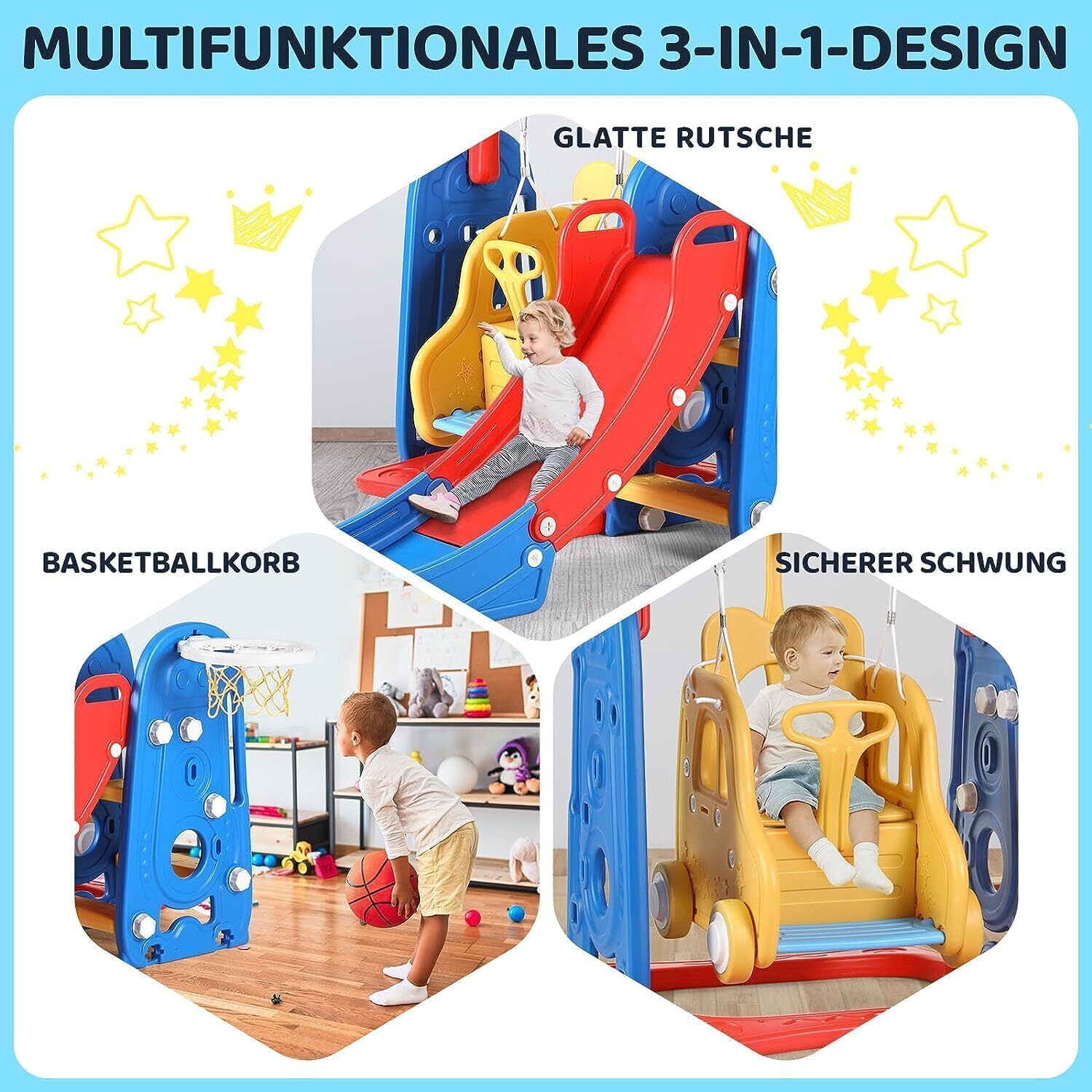 Juego de columpio y tobogán 3 en 1 para niños de 1 a 7 años, parque infantil interior para niños, columpio para bebés con tobogán, camas, aro de baloncesto