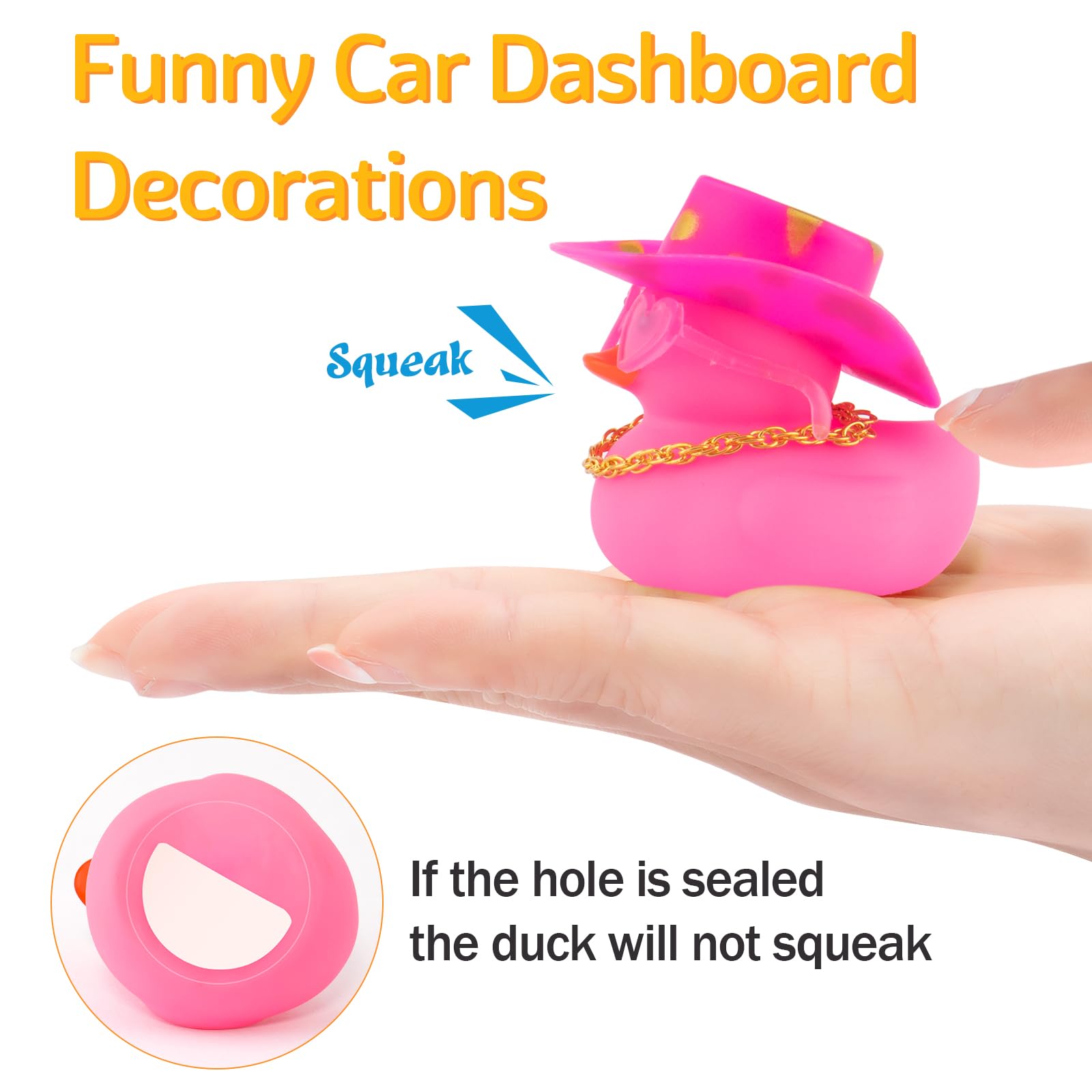 Car Cowboy Rubber Ducks, Dashboard Decorations Pink Duck for Car Ornament Accessories with Hat Heart Glasses Chain, Pink