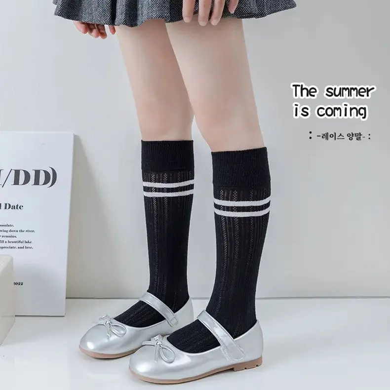 Calcetines largos de verano para niña, calcetines hasta la rodilla estilo Preppy, calcetines de malla sólidos de verano para niña, calcetines hasta el muslo con medias de algodón