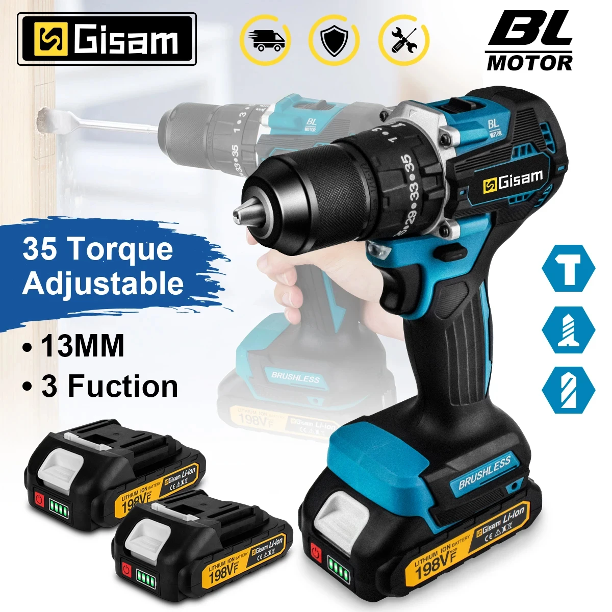 GIsam 13 mm elektrische Bohrmaschine, bürstenloser Schlagschrauber, Dual-Geschwindigkeit, 35 + 3 Drehmoment, kabelloses Elektrowerkzeug für Makita 18 V Akku-Stifte