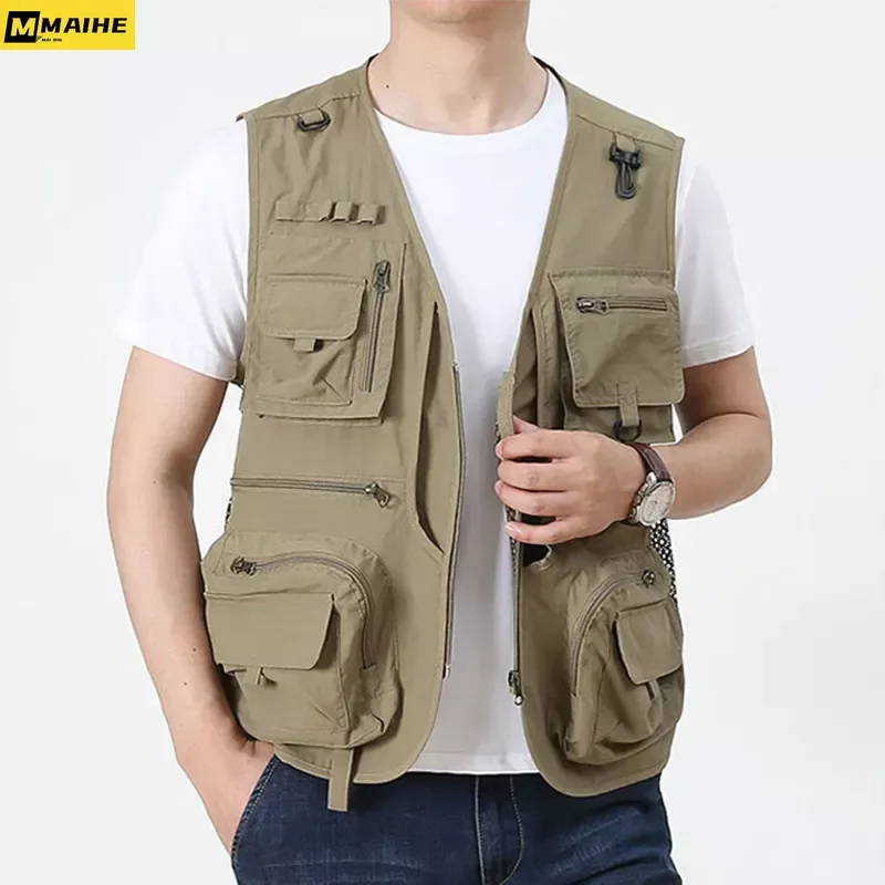 Colete tático americano masculino 14 bolsos, colete de malha carga, jaqueta sem mangas, colete de pesca, colete fotógrafo, ferramenta, novo, verão