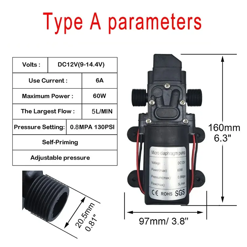 DC12V 120PSI ปั๊มน้ำไดอะแฟรมแรงดันสูง5lmin ปั๊มน้ำไฟฟ้าขนาดเล็กสีดำปั๊มน้ำรองพื้นตนเองเครื่องพ่นน้ำรถยนต์เป็น
