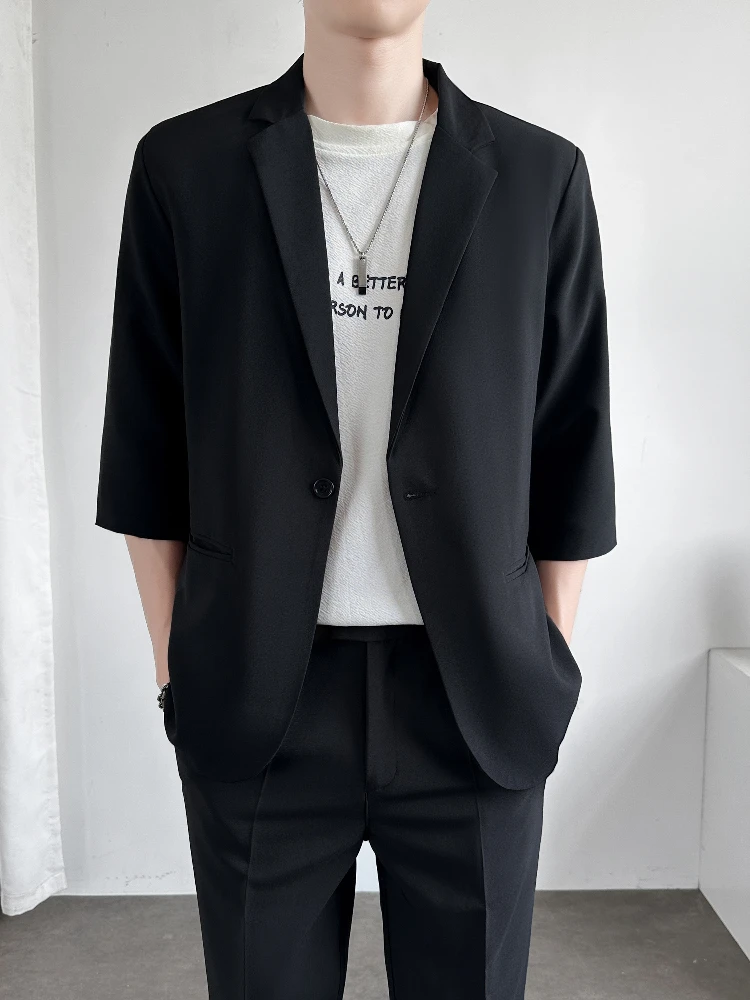 Slim Fit Men's Suit Jaet Seven Sve Casual Lightweight ort Sve Korean Sle Faionable Summer Thin Five Sve Wester