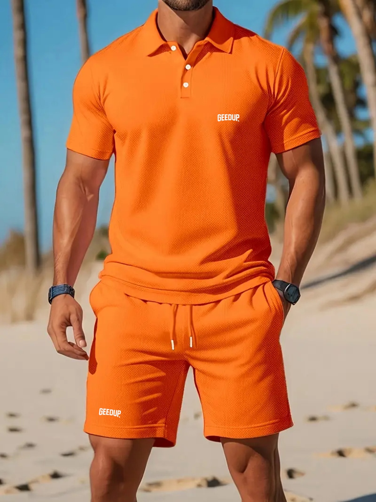 2025 hommes nouvel été maille revers manches courtes et Shorts ensemble décontracté couleur unie ample plage sport respirant ensemble