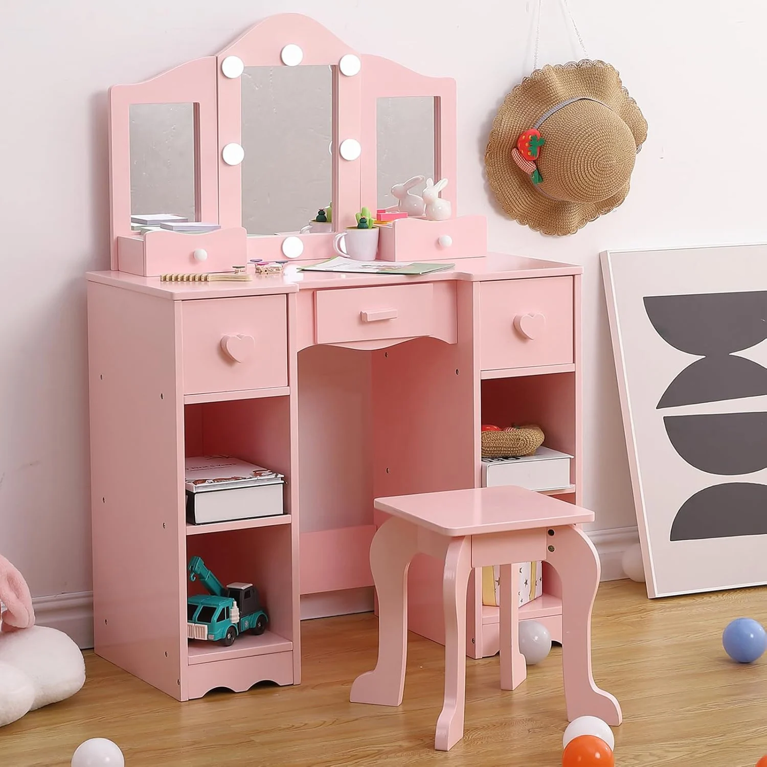 Toeletta per bambini Vanity per ragazze con specchio triplo pieghevole Scaffali aperti Set da gioco per trucco con sedia per bambini piccoli