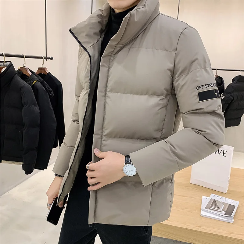 Jaket Down Pria pendek, mantel kasual mode empuk katun kerah berdiri hangat dipertebal musim gugur dan dingin 2023