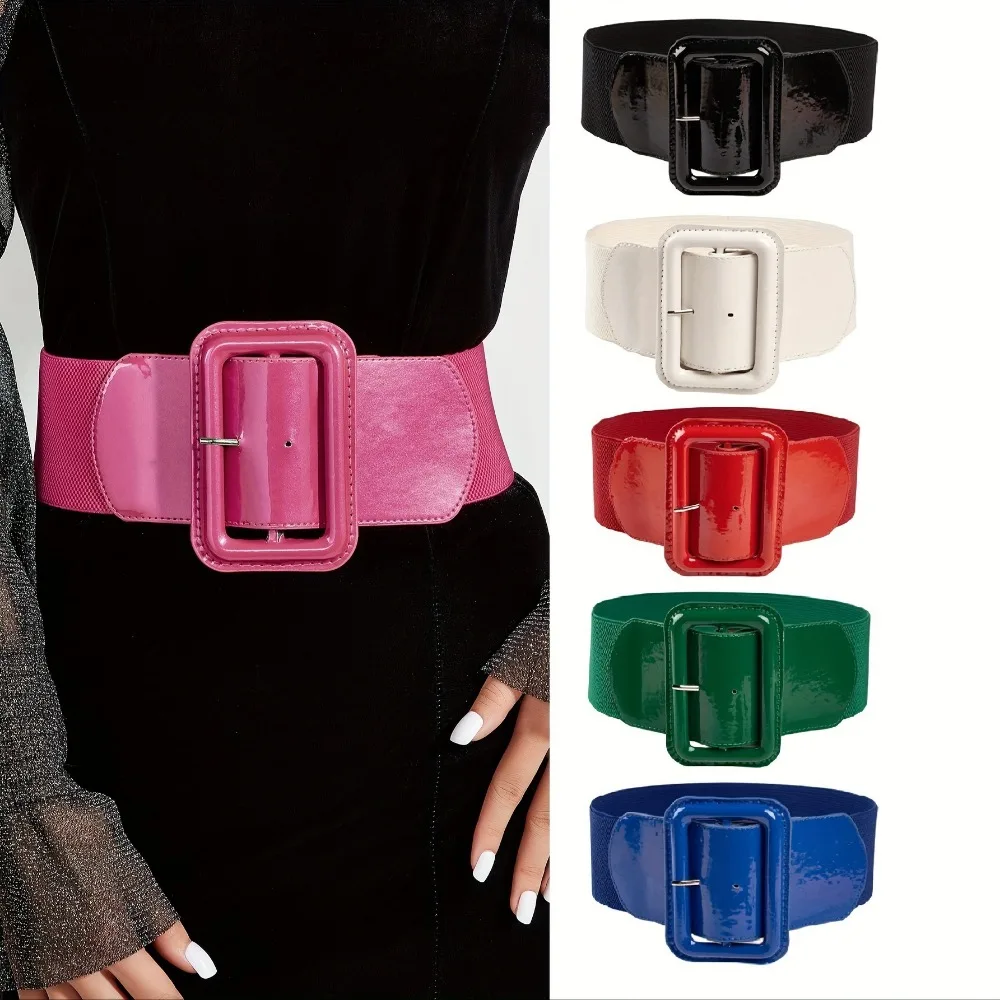 Vintage Plus Size Stretch Cummerbunds Elastic Wide Side Corset Belt Leather Square Buckle Dress Waistband For Women