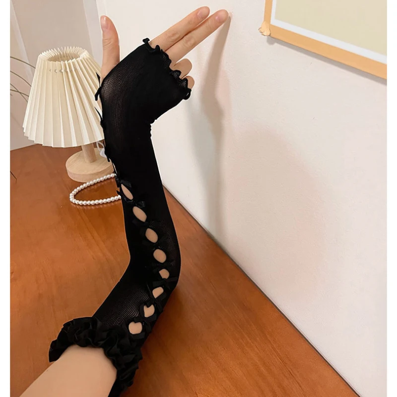 Mulheres cosplay lolita estilo princesa renda flor fina sem dedos luvas longas bonito adorável doce arco elasticidade macio oco