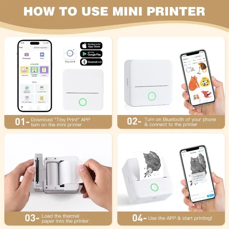 サーマルミニプリンター、ポータブルインクレスステッカーメーカー、Bluetoothフリーカット小型ポケットプリンター子供用DIY 57mm写真プリント