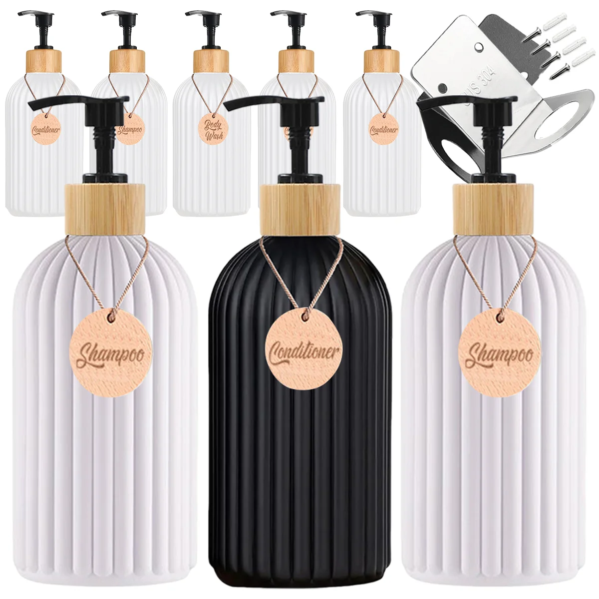 Botella dispensadora de jabón negro mate para pared de ducha, champú recargable, acondicionador, botella de carrocería con etiqueta de madera