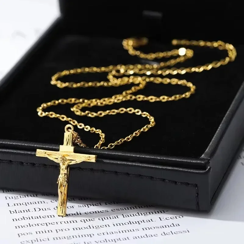 Collana con croce in acciaio inossidabile 316L Ciondolo religioso placcato oro 18 carati Gioielli da chiesa unisex Regalo Catena ipoallergenica che non sbiadisce