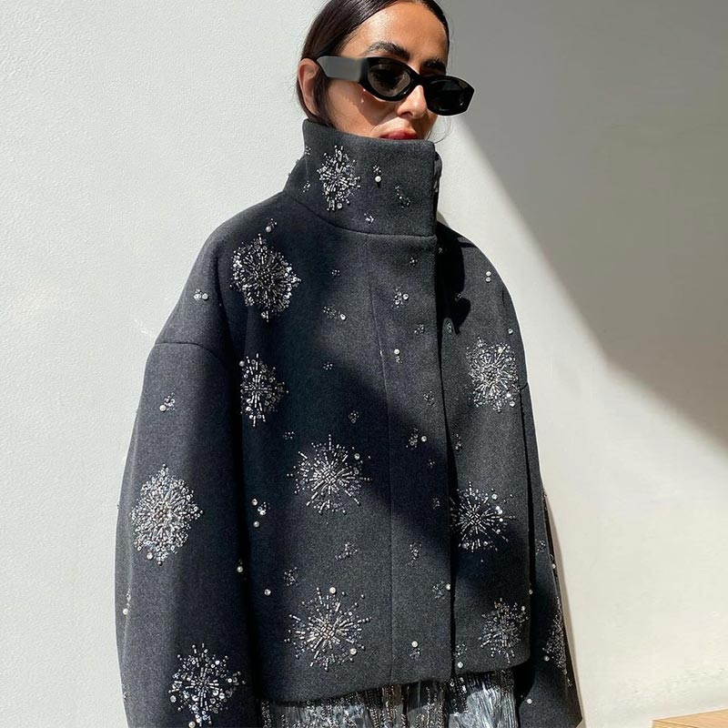 Kralen Luxe Chic Jas Vrouwen Losse Single Breasted Turn-down Kraag Pocket Wollen Uitloper 2024 Herfst Lange Mouw Jassen