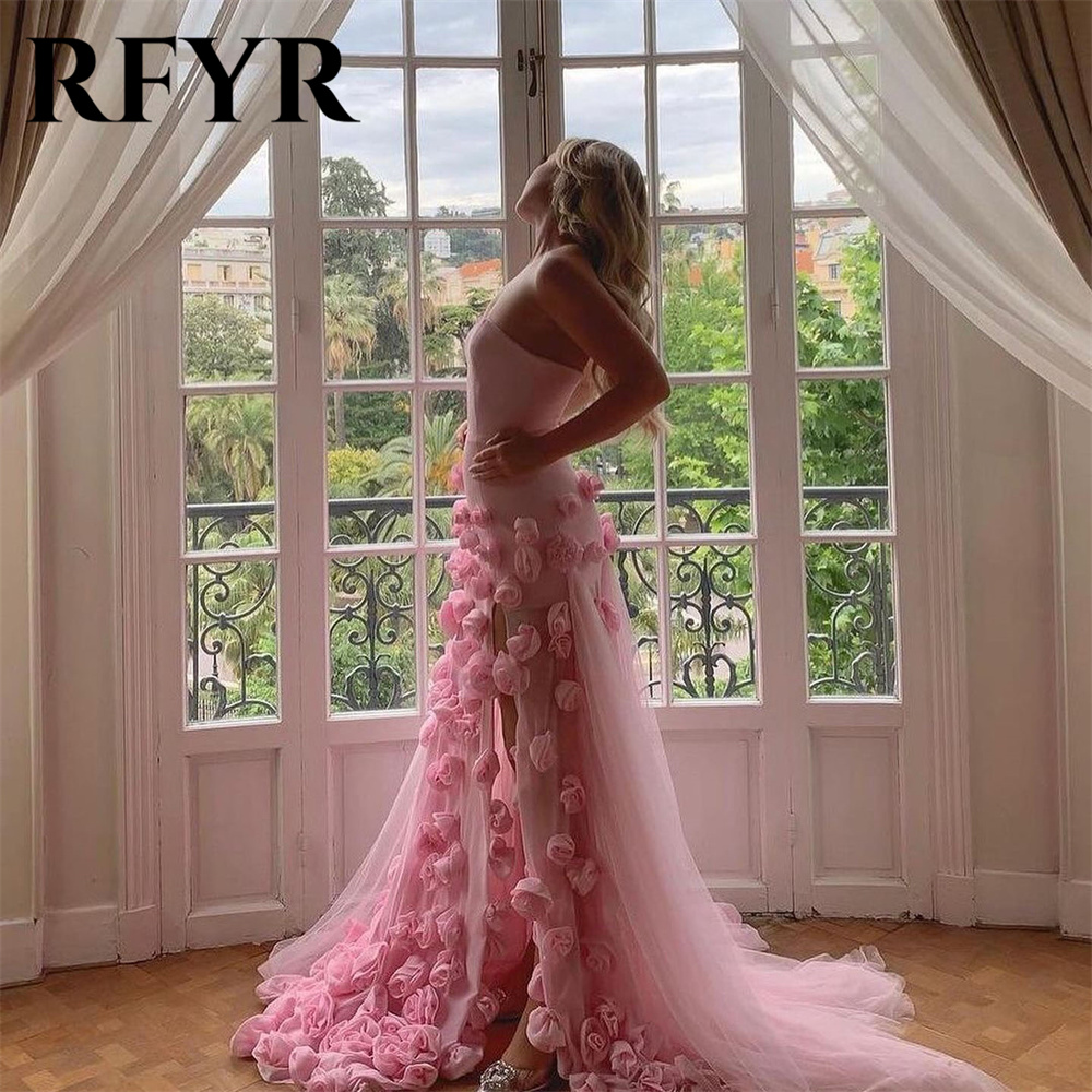 RFYR Pink Mermaid Charming Prom Dress 3D Flower Formal Gown Sleevesless Evening Gown with Side Slit vestidos de noche Customized