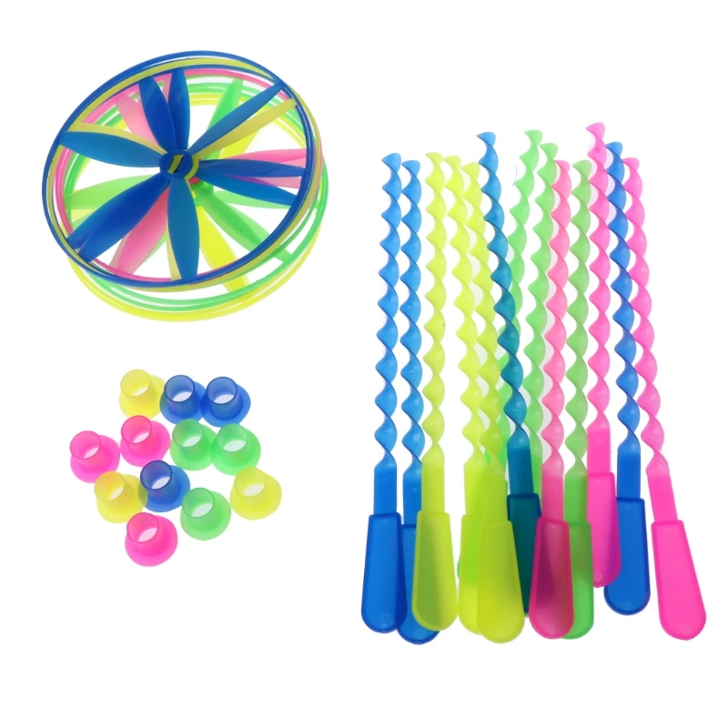 4Pcs Twisty Flying Saucers Assorted Colors Helicopters Outdoor Bamboo Dragonfly Plastic Handle UFO Toy Fairy Flying Saucer Toys