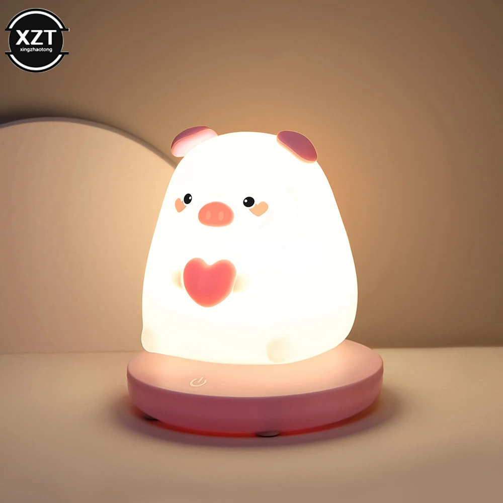 Lámpara LED recargable de silicona con Sensor táctil para niños, luz nocturna regulable para dormitorio, animales lindos, cerdo, conejo, regalos de vacaciones