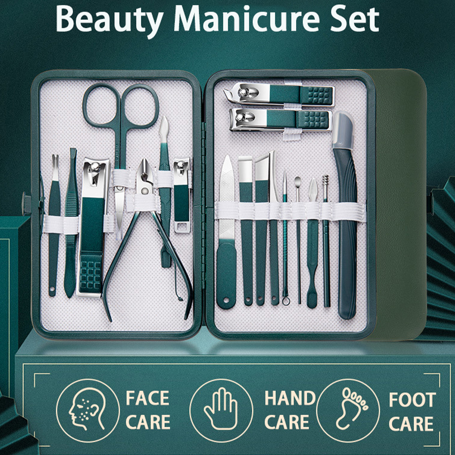 Set manicure verde con custodia in pelle Kit di strumenti professionali per la cura del piede e del viso Set di tagliaunghie in acciaio inossidabile regalo