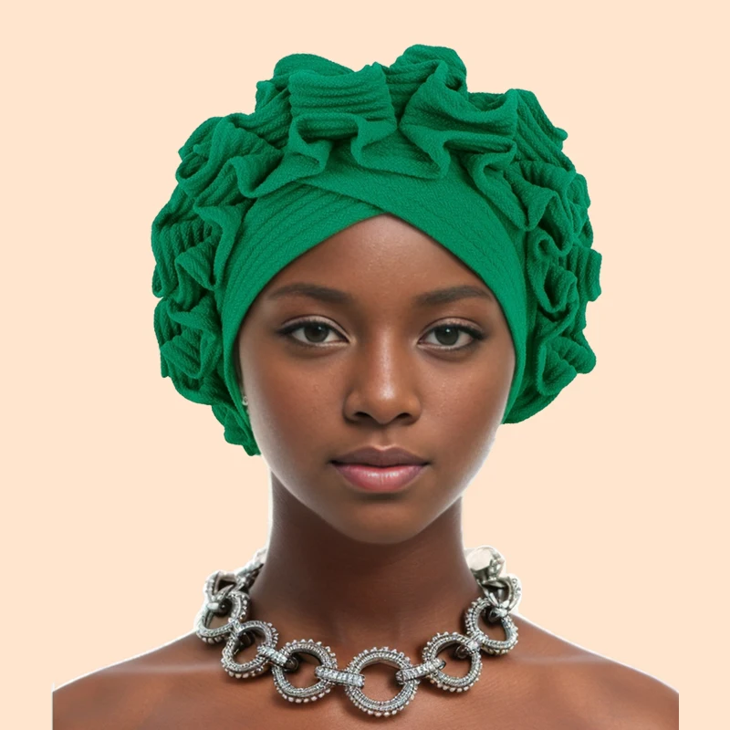 Boné turbante com babados para cabeça feminina, lenço macio e confortável, cor sólida