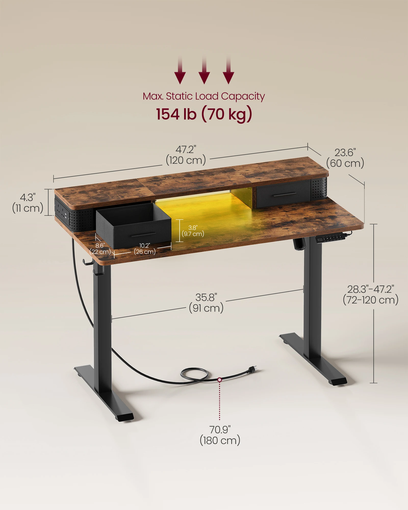 VASAGLE Electric Standing Desk with Built-In Power Strip, 60 x 120 x (72-120) cm, Adjustable Height