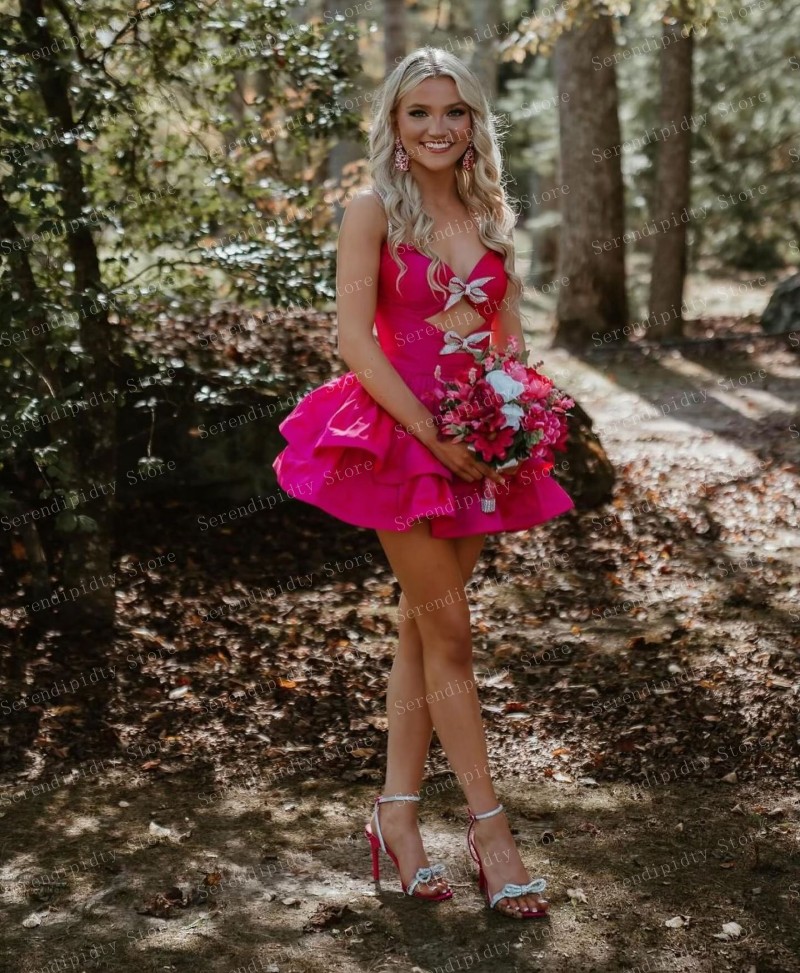 Serendipidty-ピンクのサテンのイブニングドレス,フリル,マット,ミニ丈,レイヤードフクシア,透かし彫り,カクテルドレス,カスタムメイド,トレンディ