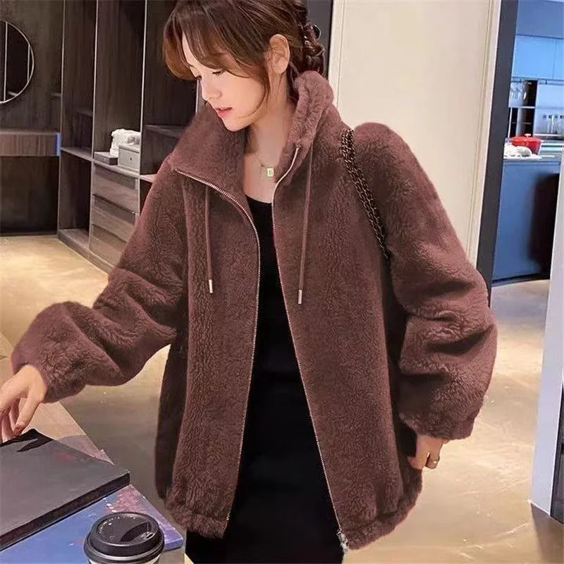 Inverno quente duplo coral velo casaco feminino gola de pelúcia grosso casaco nova moda solta casual manga longa roupas com zíper